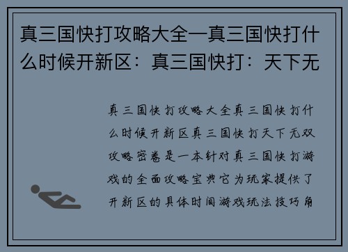 真三国快打攻略大全—真三国快打什么时候开新区：真三国快打：天下无双攻略密卷