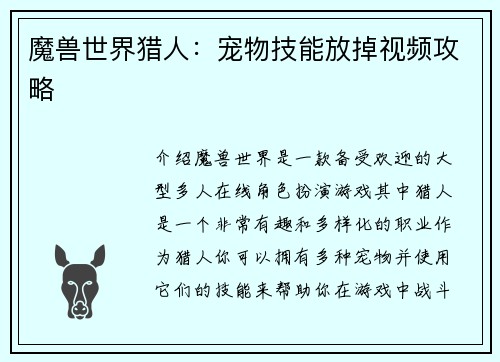 魔兽世界猎人：宠物技能放掉视频攻略
